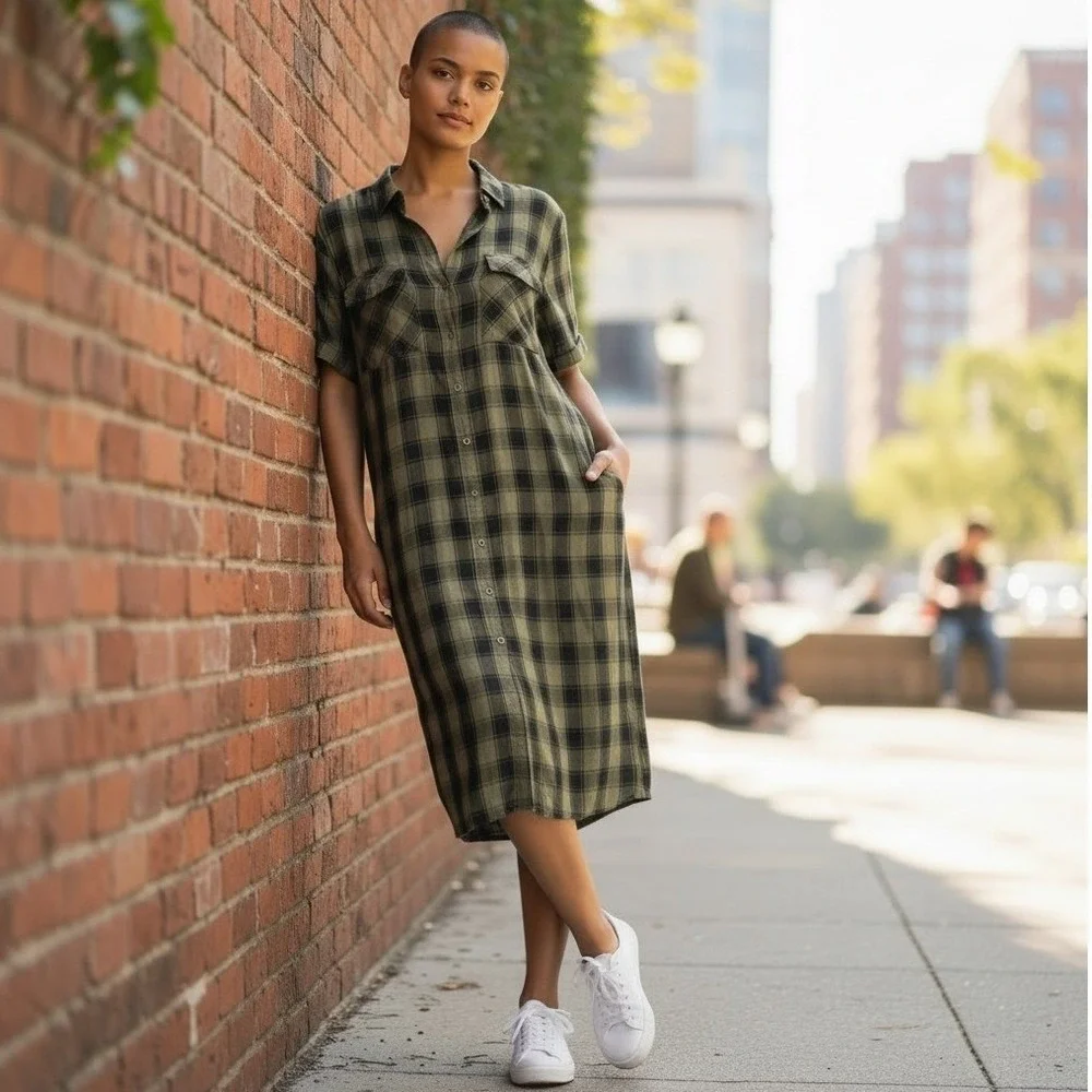 Rock & Republic Womens Olive Green Black Plaid Shirt Dress Grunge Punk Midi‎ - M